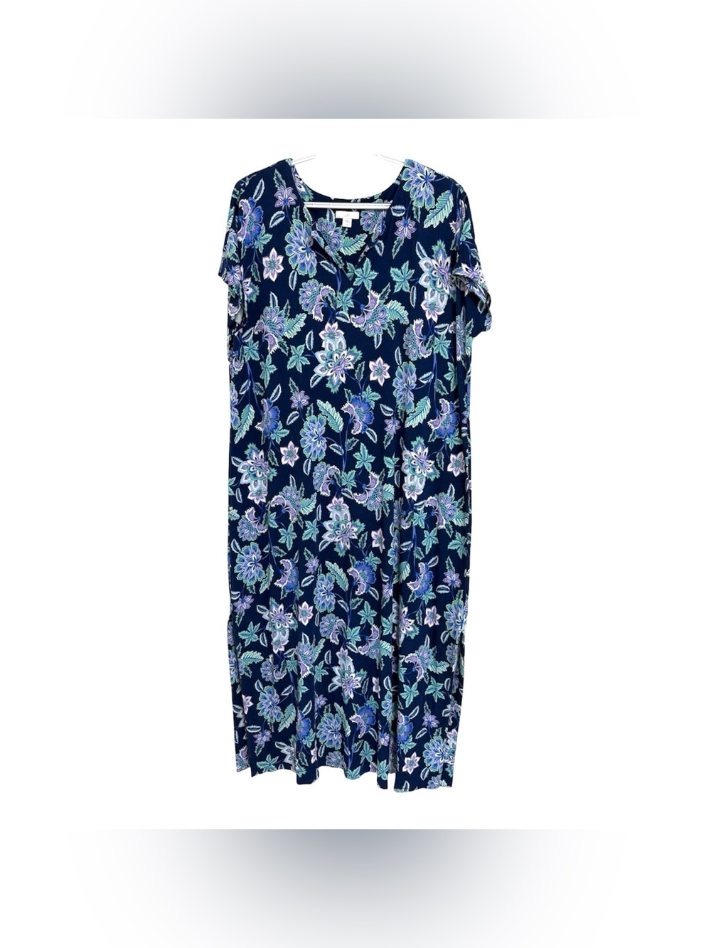 J. Jill Floral Short Sleeve V-Neck Maxi Dress Sz LP Side Slits Stretch Pockets